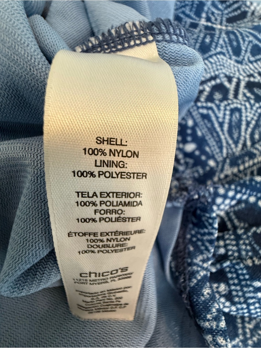 Chico’s Blue Geometric Kaleidoscope Print Mesh Lined Top Size 1 Long Sleeve - Picture 7 of 12